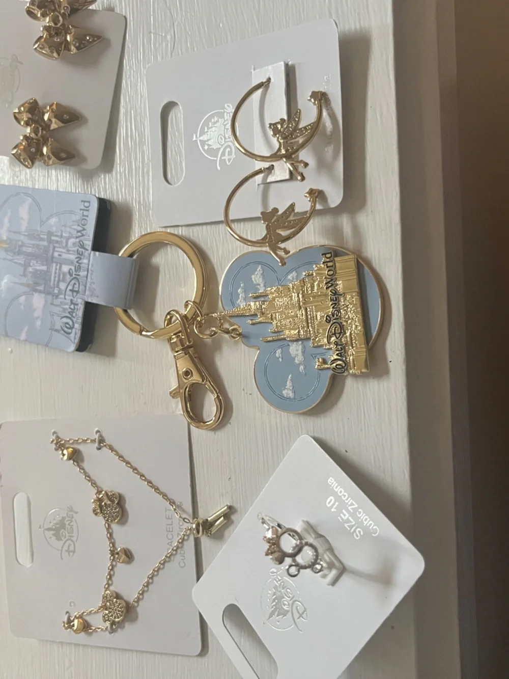 Disney Gold and Blue Castle Keychain with Coordinating Gold Jewelry Set. NEW